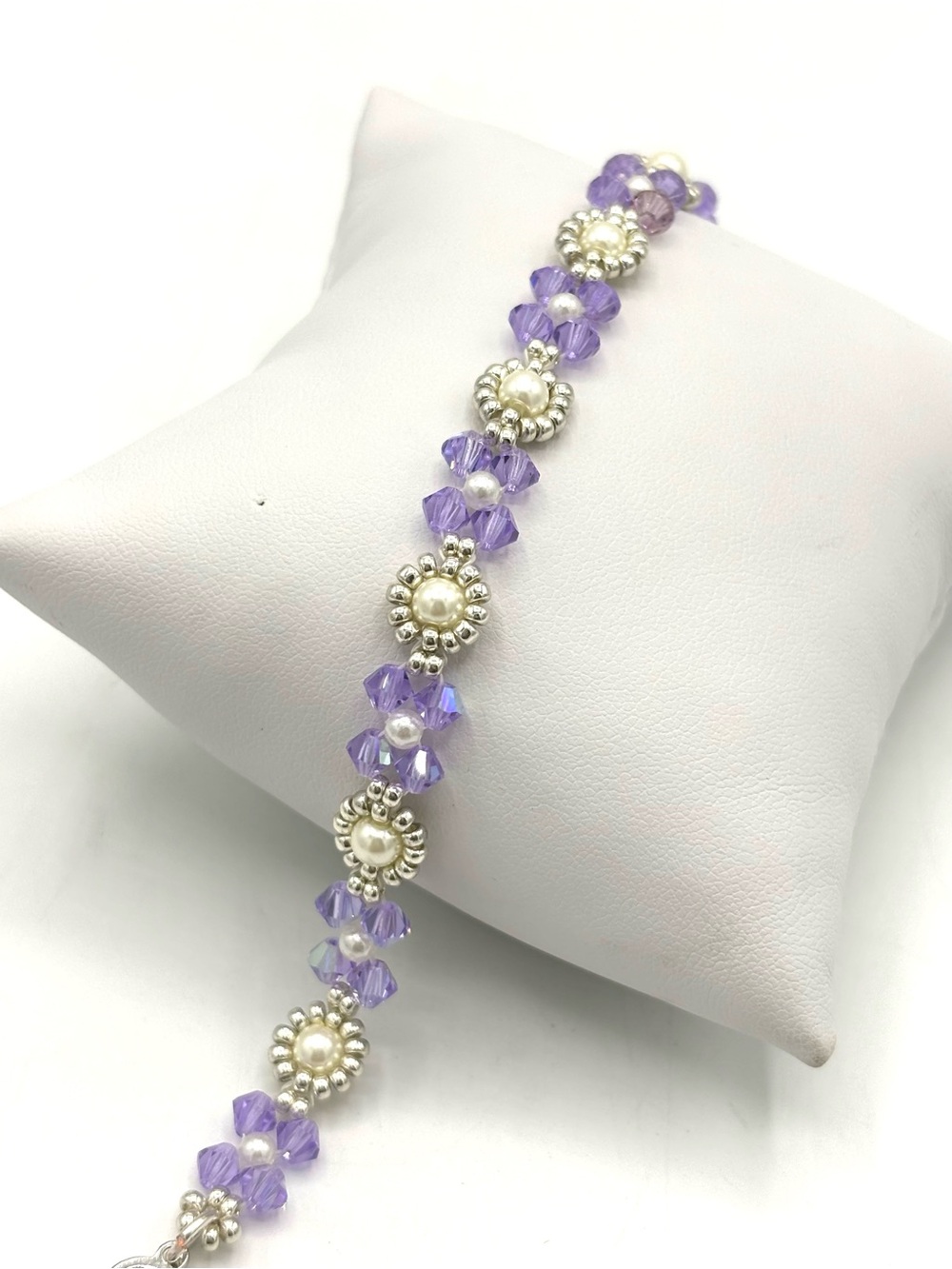 Hand Crafted Dainty Purple Crystal and Pearl Beaded Bracelet